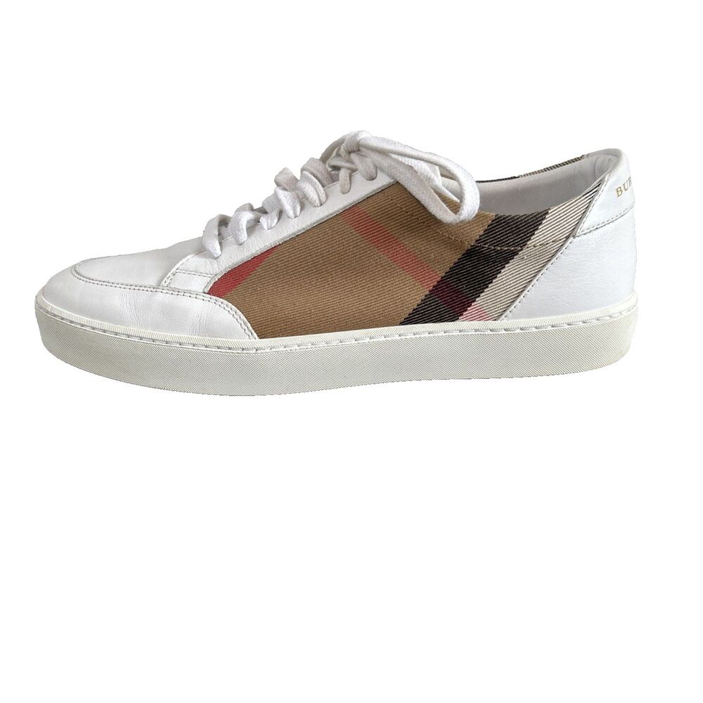 Burberry Women's White Salmond Check Low Top Leather Sneaker Shoe Size 10.5